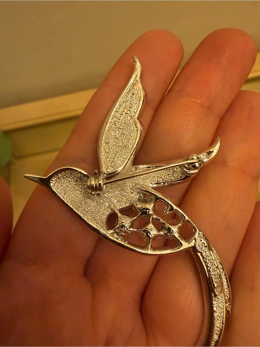 Silver-tone Hummingbird Brooch with Iridescent Crystals - Silver